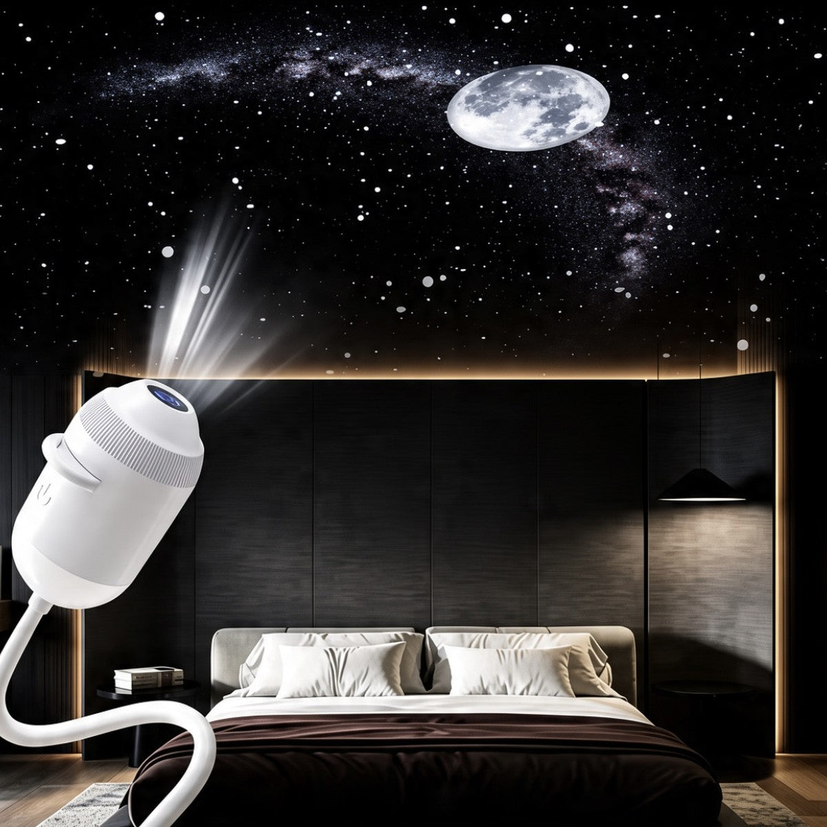 Ciel étoilé projeté au plafond d'une chambre